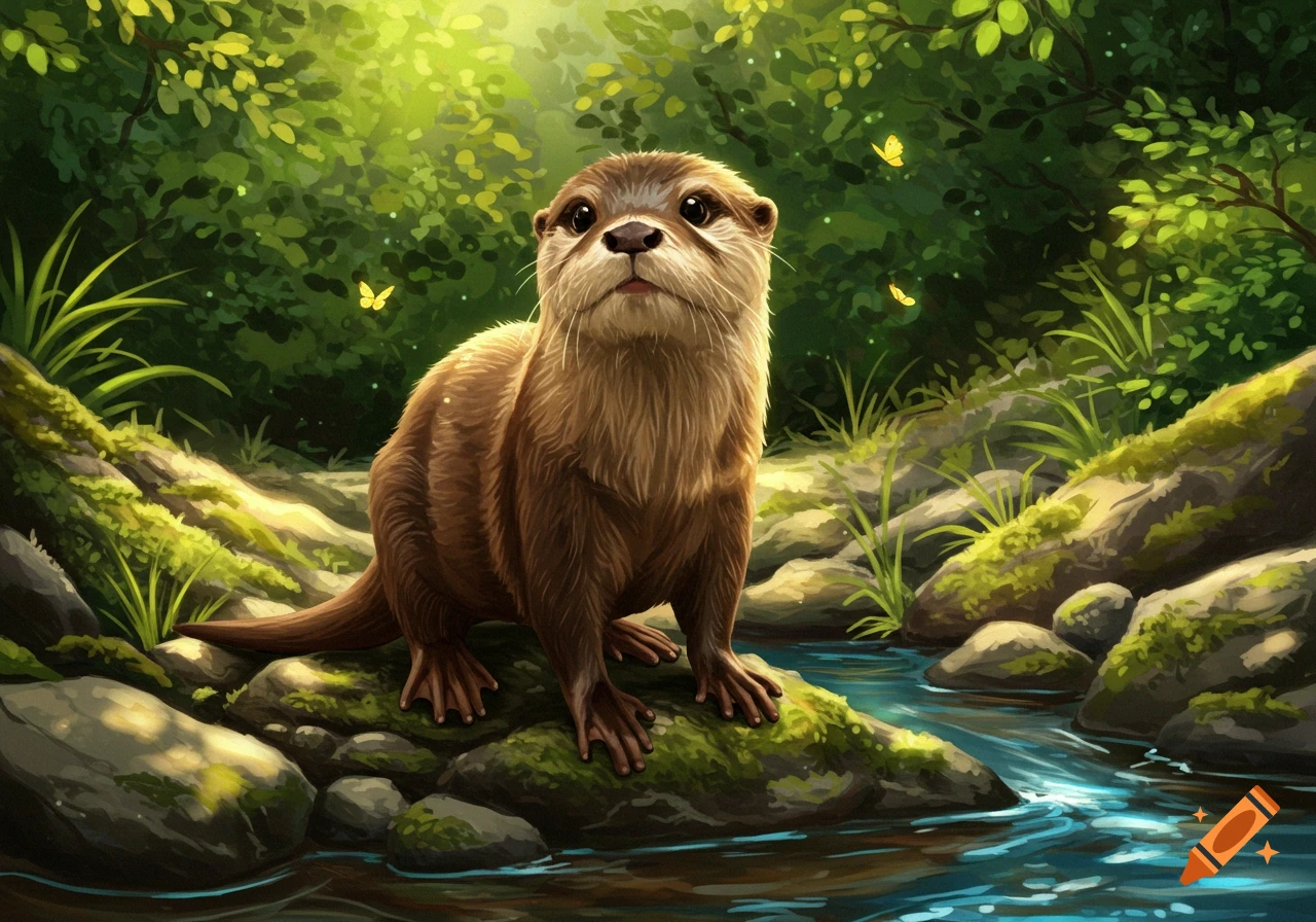 A cute brown otter stands on mossy rocks next to a stream in a vibrant, sunlit forest with yellow butterflies. Illustration.