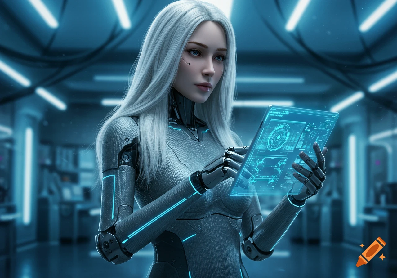 A futuristic woman with long white hair and cybernetic enhancements holds a glowing blue holographic tablet in a blue-lit tech environment.