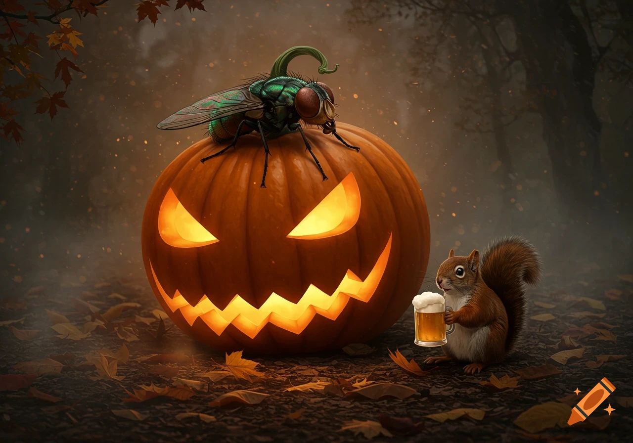 A photorealistic jack-o'-lantern on a forest floor with autumn leaves. A giant fly rests on top, while a squirrel drinks from a tiny beer mug.