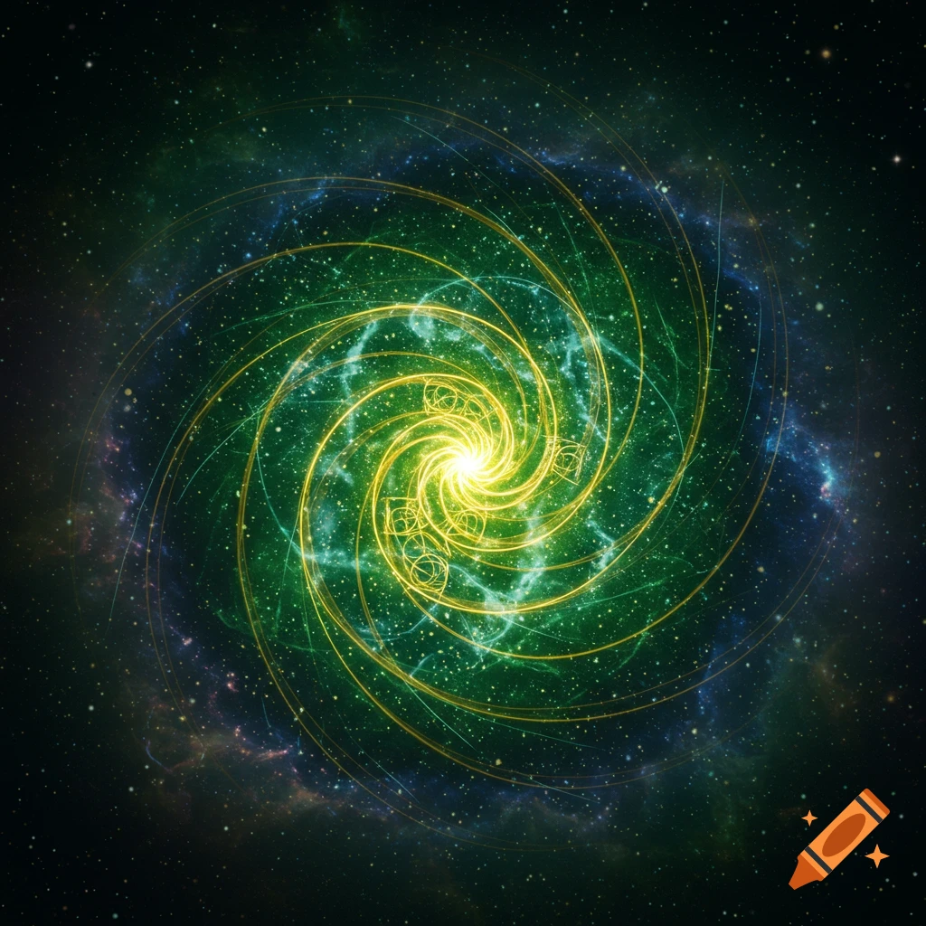 A glowing green and yellow spiral pattern resembling a galaxy or fractal, set against a dark, star-filled space background.
