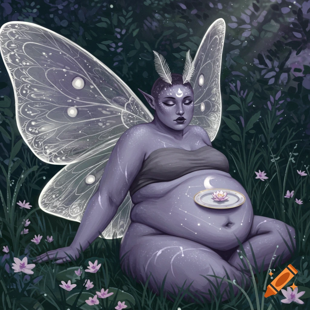 A purple-skinned moth fairy with translucent wings sits in a dark forest, a small plate with a pink lotus resting on her large belly.