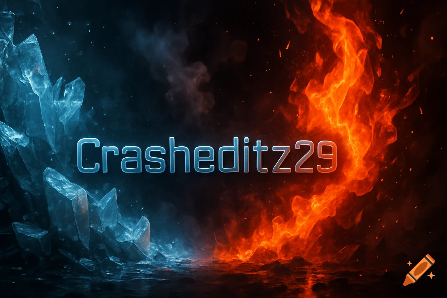 A graphic with "Crasheditz29" in metallic text, surrounded by blue ice shards on the left and red flames on the right.