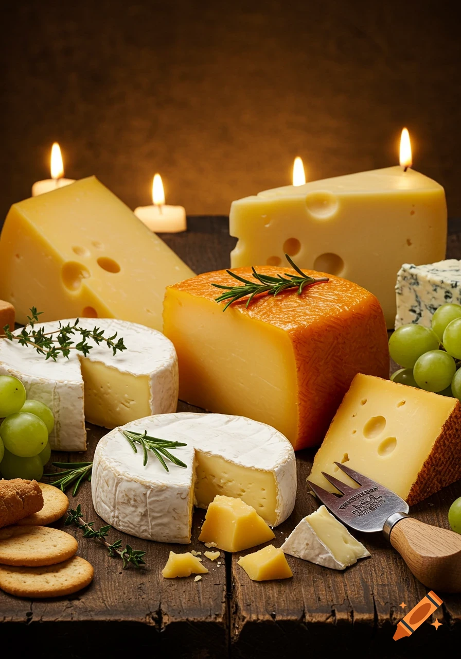A variety of cheeses, grapes, and crackers displayed on a rustic wooden table with lit candles in the background, photorealistic style.