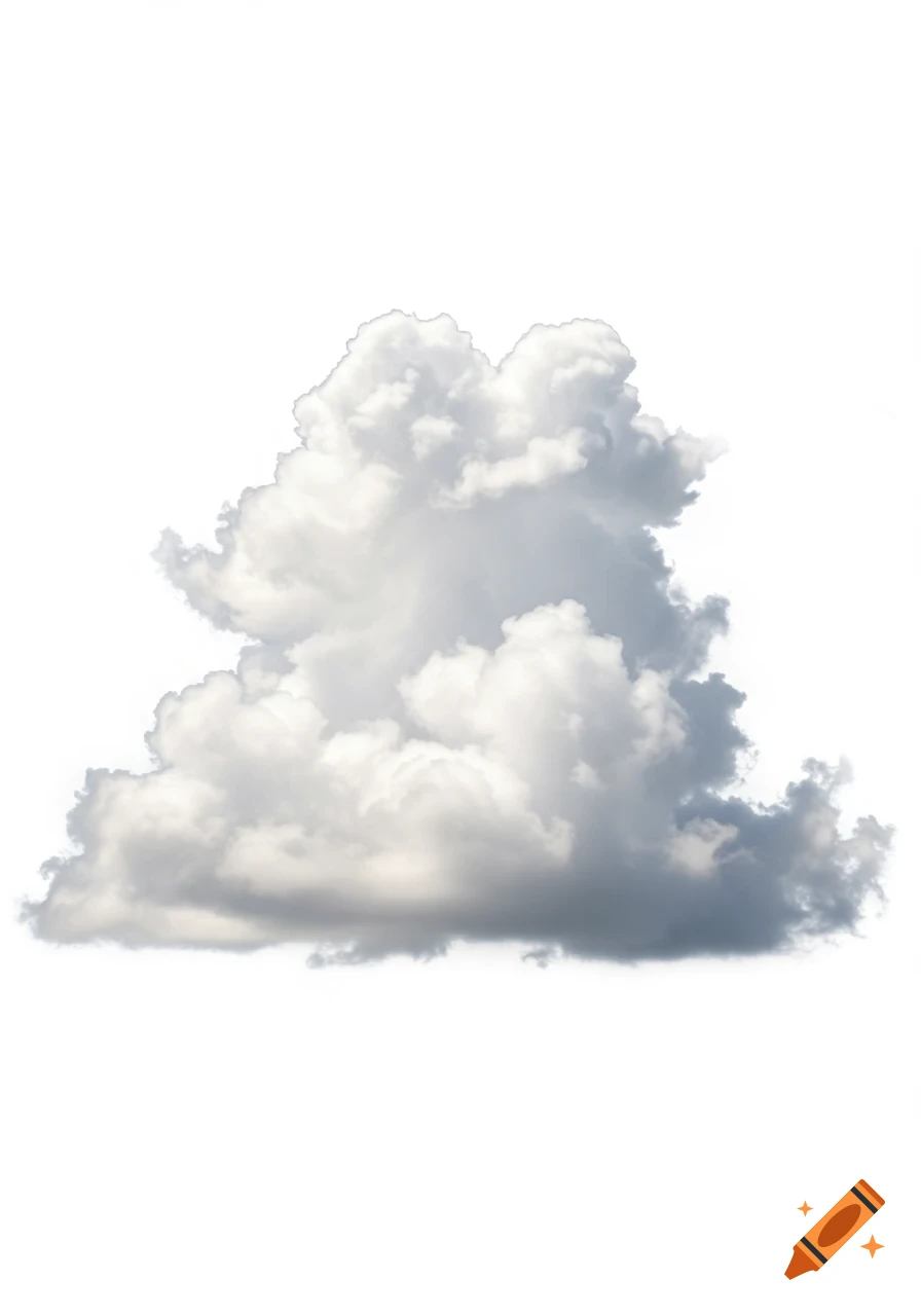 A realistic, fluffy white and gray cloud with a white background.