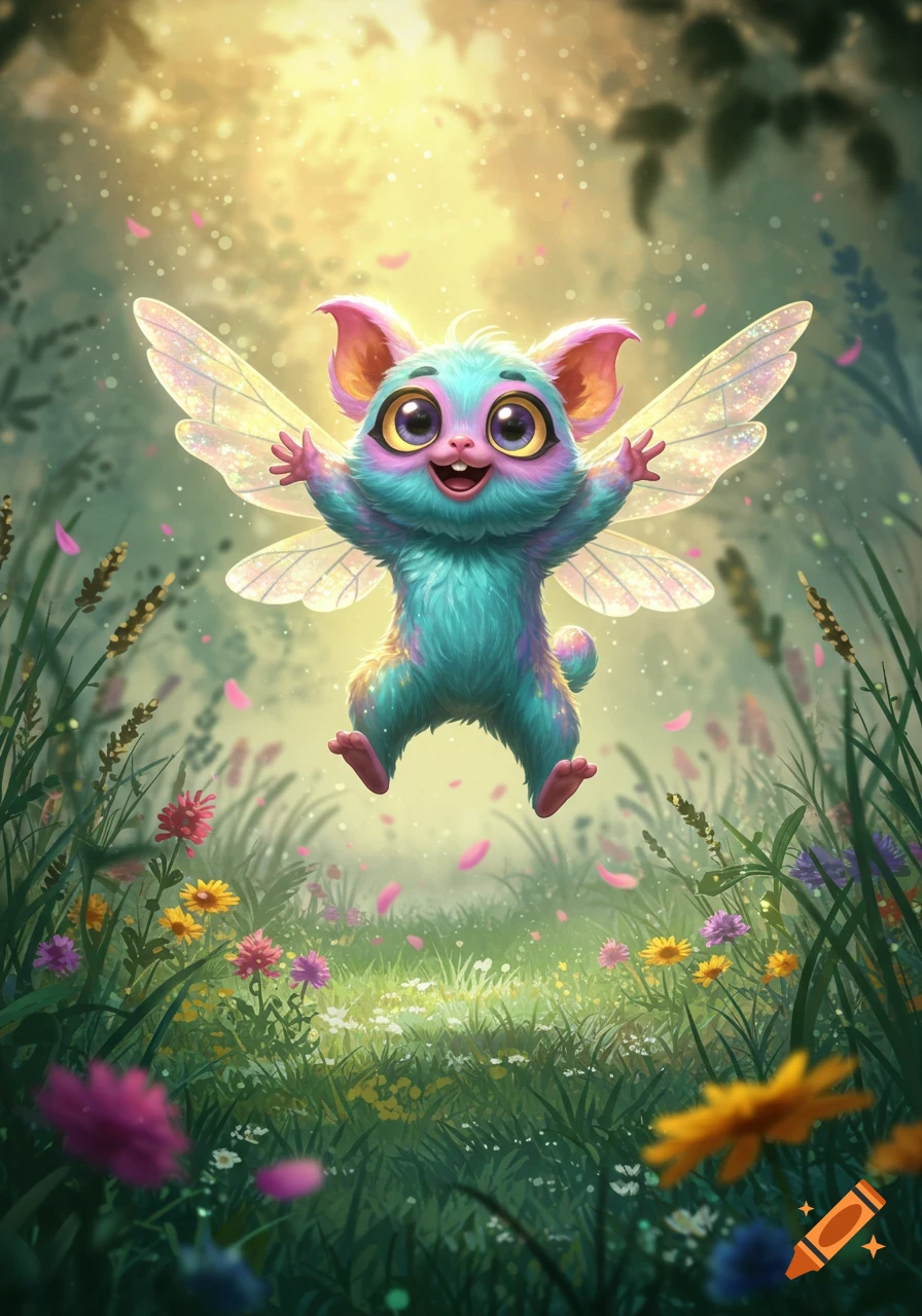 A cute, fluffy blue and pink winged creature with large eyes jumps happily in a sunny, flower-filled whimsical forest.