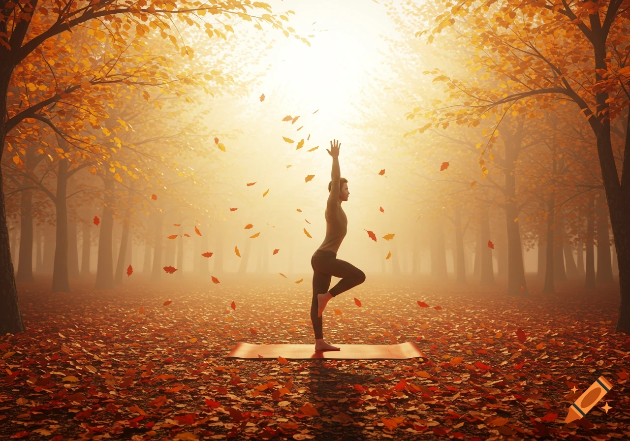 A person in a yoga pose on a mat in an autumnal forest with falling orange leaves and bright sunlight.