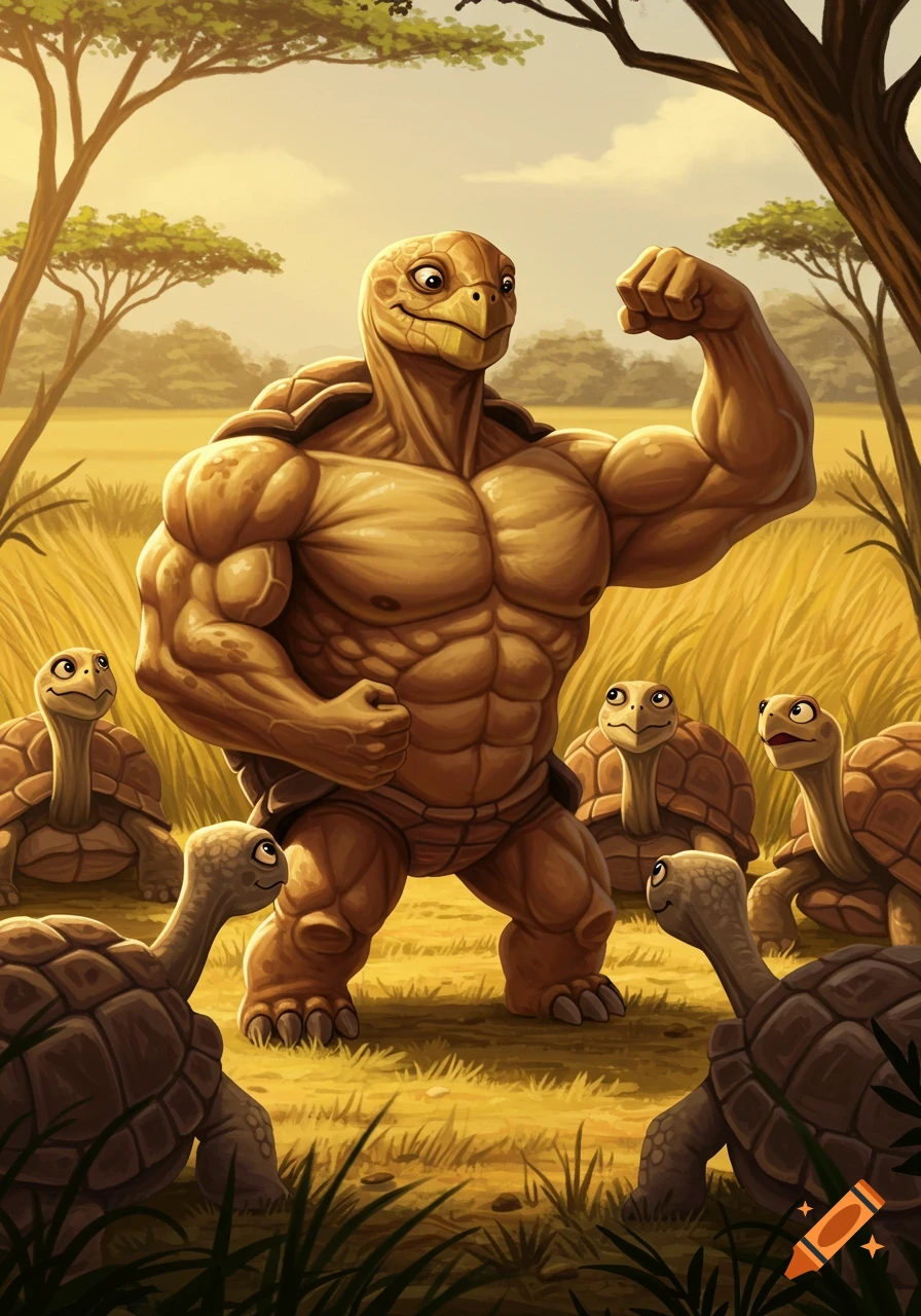 Cartoon illustration of a muscular tortoise flexing his biceps in a savanna, surrounded by smaller, admiring tortoises.