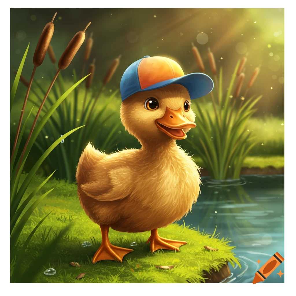 A cute cartoon duckling wearing a blue and orange baseball cap stands smiling by a pond with cattails and grass.