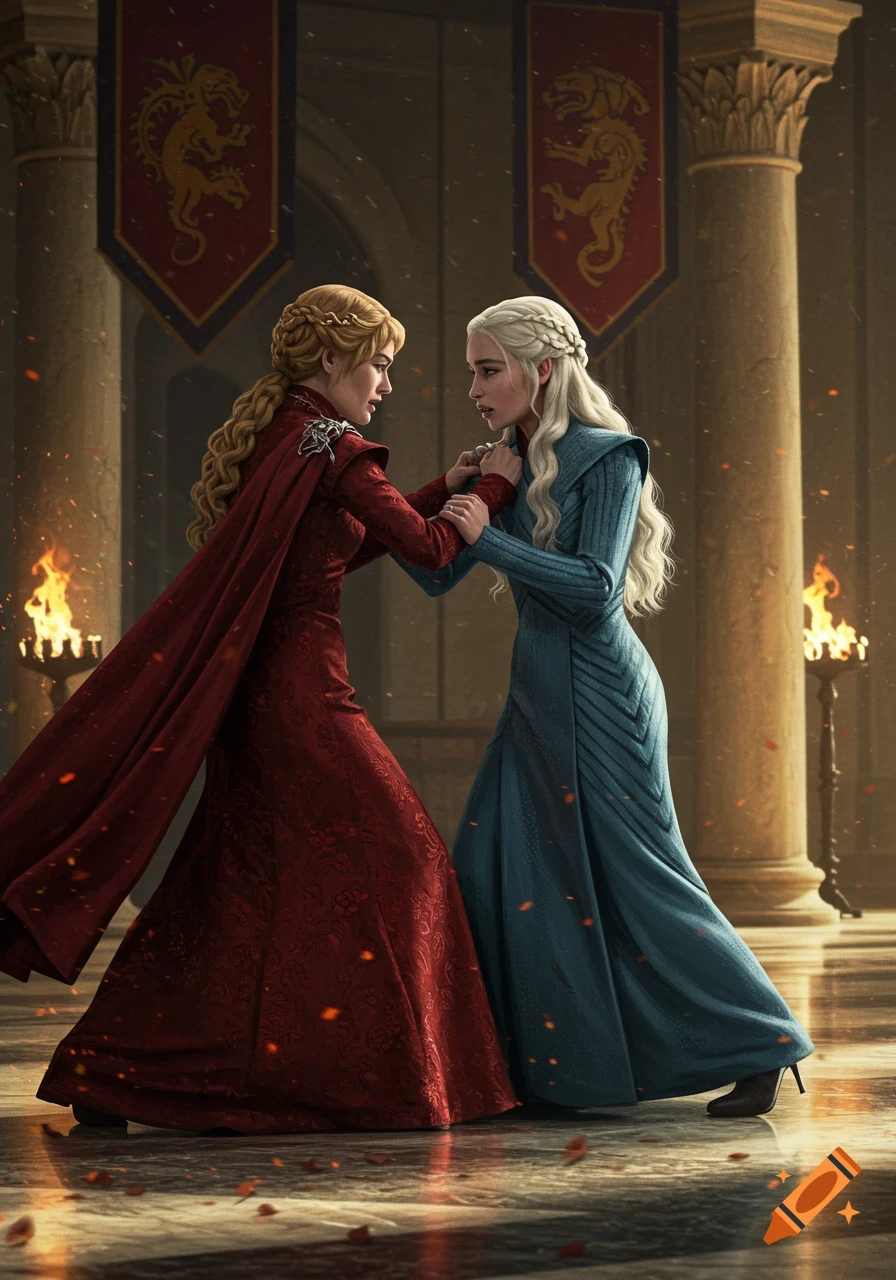 Cersei Lannister in a red gown and Daenerys Targaryen in a blue gown grasp each other's arms in a tense confrontation in a firelit hall.