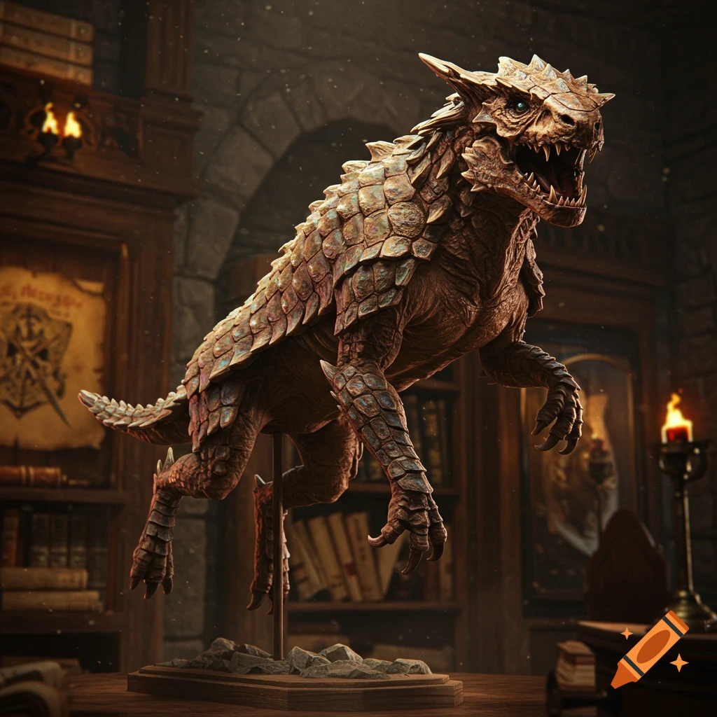 A detailed taxidermied bullette, a D&D creature with metallic scales and sharp teeth, displayed like a statue in a dimly lit, ancient library.