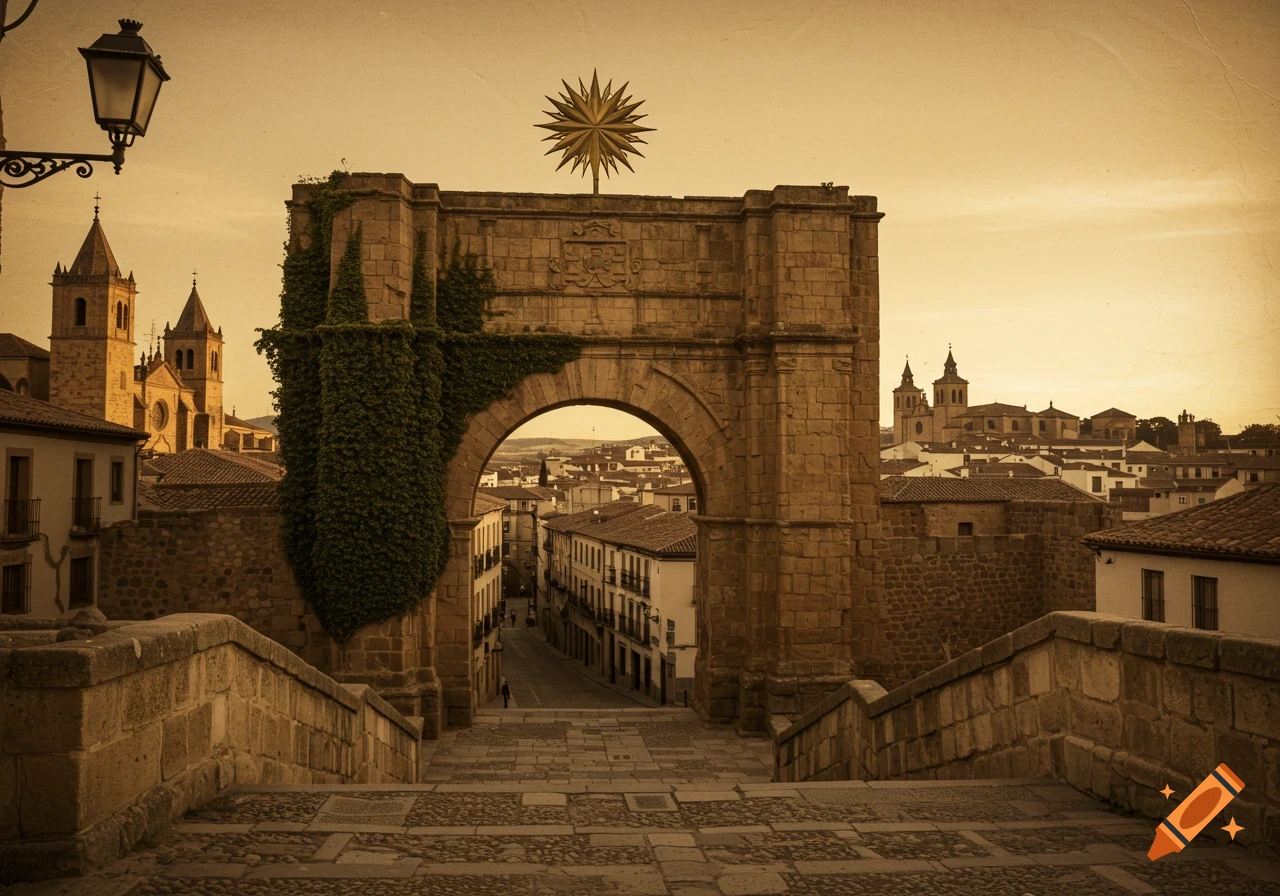 A sepia-toned photo of the Arch of the Star in Cáceres, Spain, viewed from a stone staircase, with old city buildings in the background.