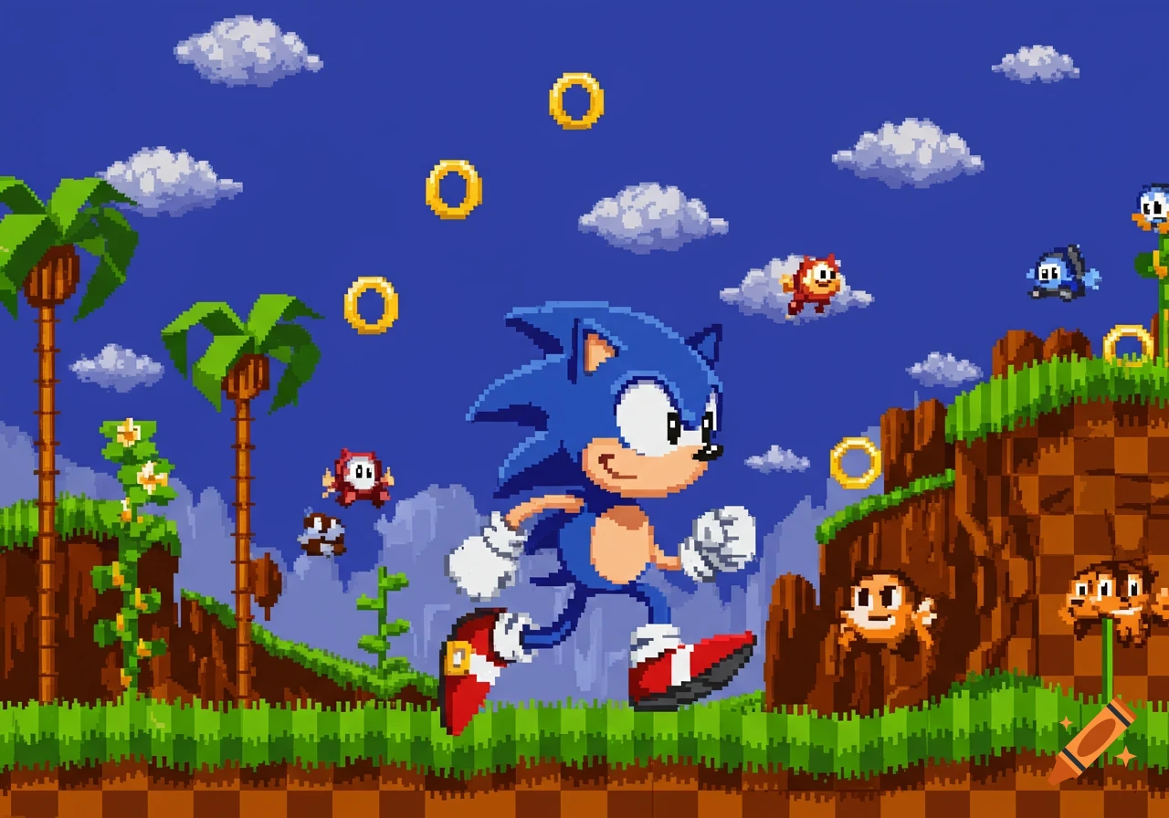 Classic pixel art of Sonic the Hedgehog running through a vibrant Green Hill Zone, collecting rings and avoiding enemies.