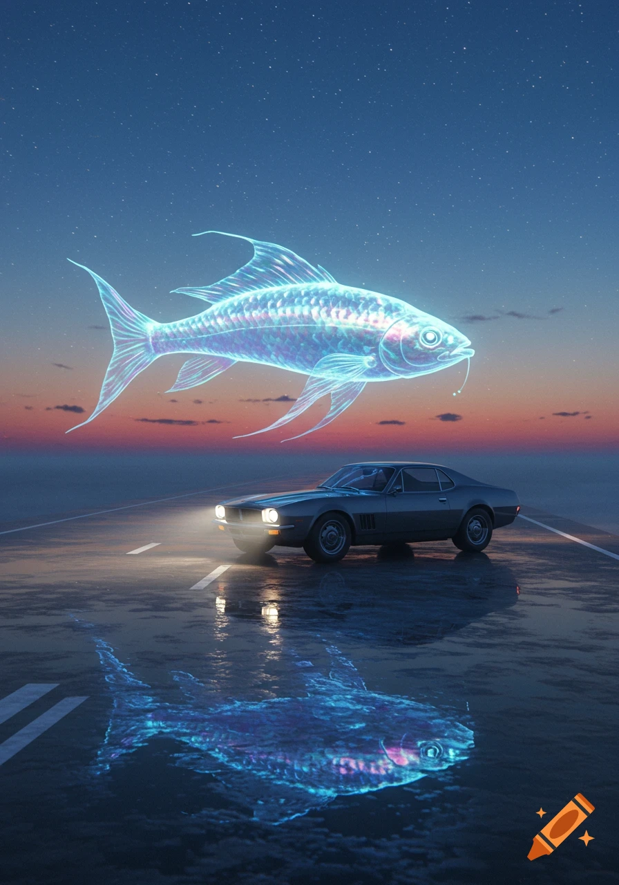 A vintage car on a wet road under a starry sky, with a giant glowing translucent fish floating above and reflected below.