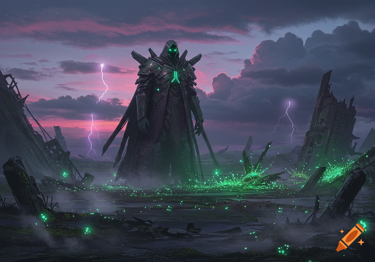A large, armored hooded figure with glowing green eyes and chest stands in a ruined, stormy landscape with lightning and glowing green elements, digital art.