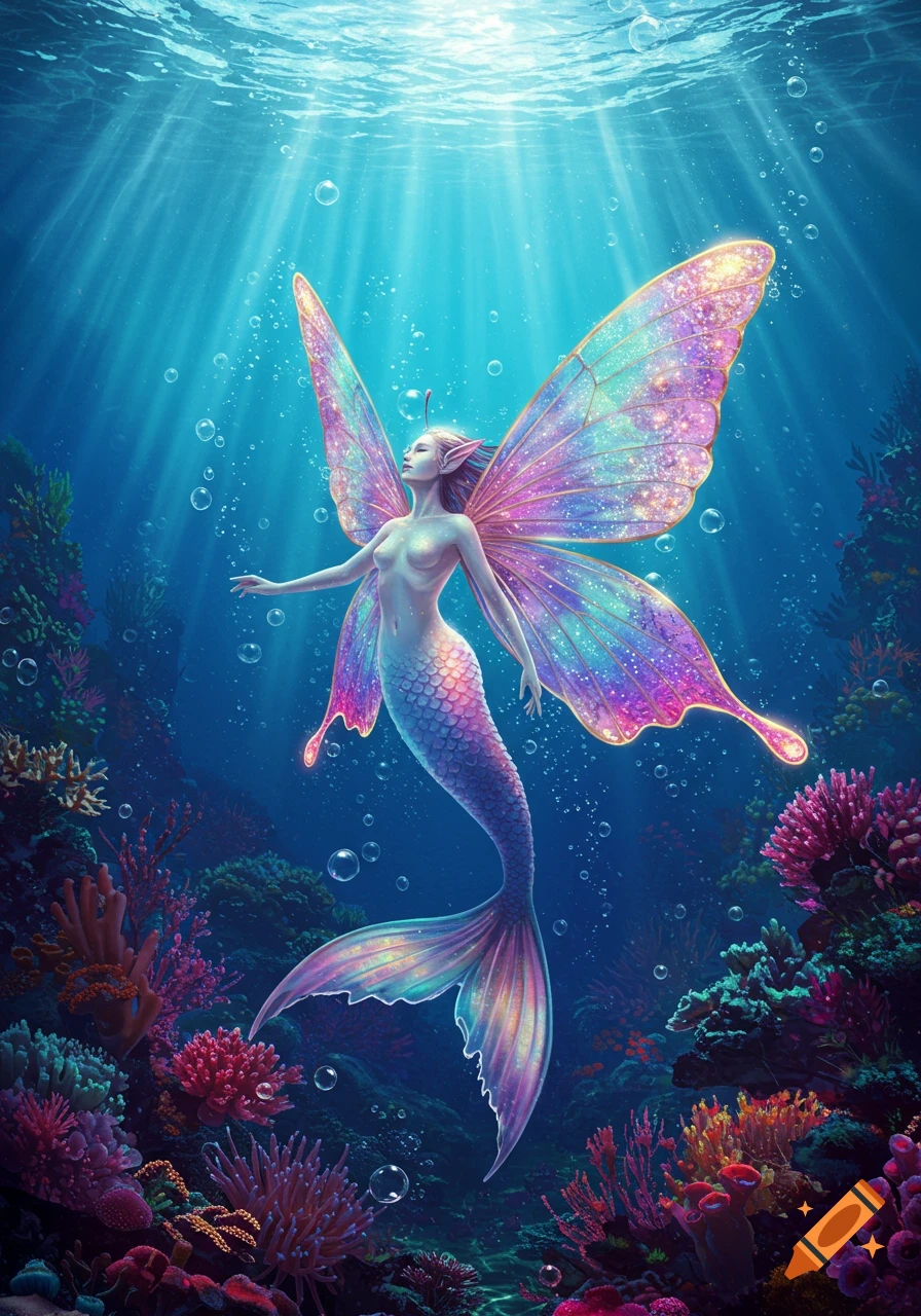 A magical mermaid with shimmering butterfly wings swims gracefully in a vibrant underwater coral reef, bathed in sunbeams.