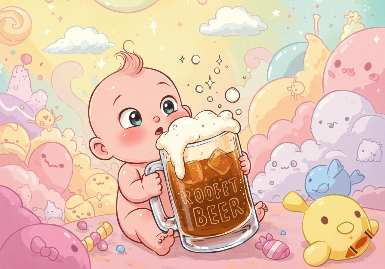 A cute cartoon baby sits in a pastel, whimsical landscape, holding a large mug of frothy beer with ice.