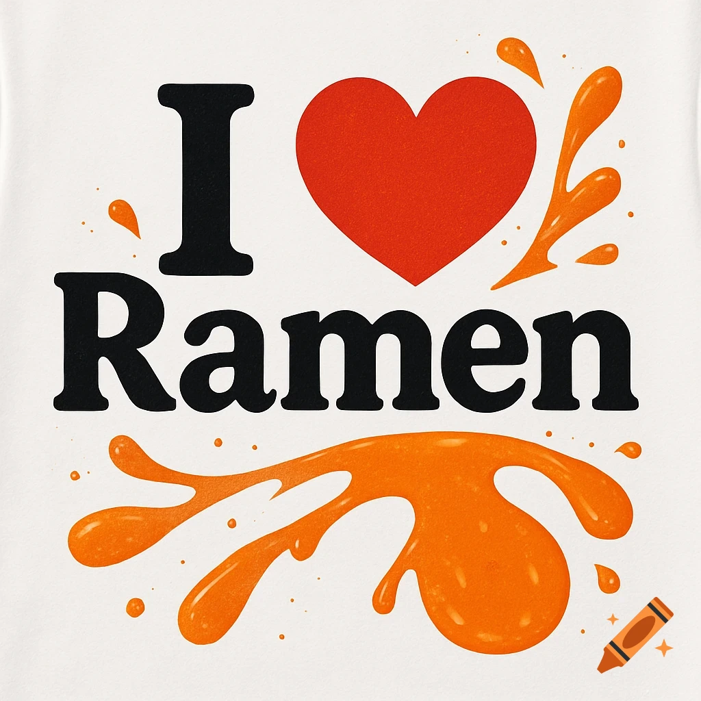 A graphic t-shirt design on a white background reads 'I ❤️ Ramen' in black text with a red heart, surrounded by orange sauce splashes.