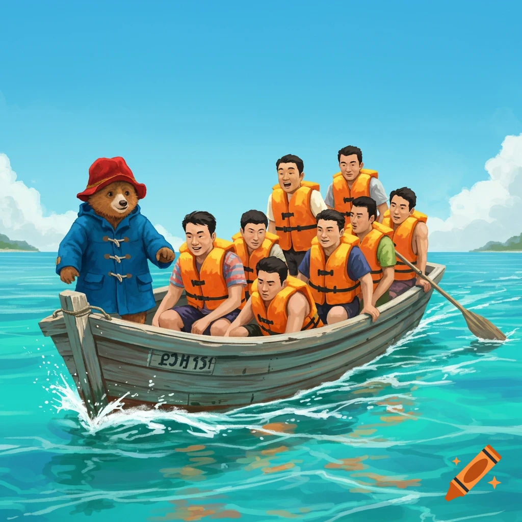 Paddington bear and seven Asian men in orange life jackets are in a wooden dinghy on turquoise water.