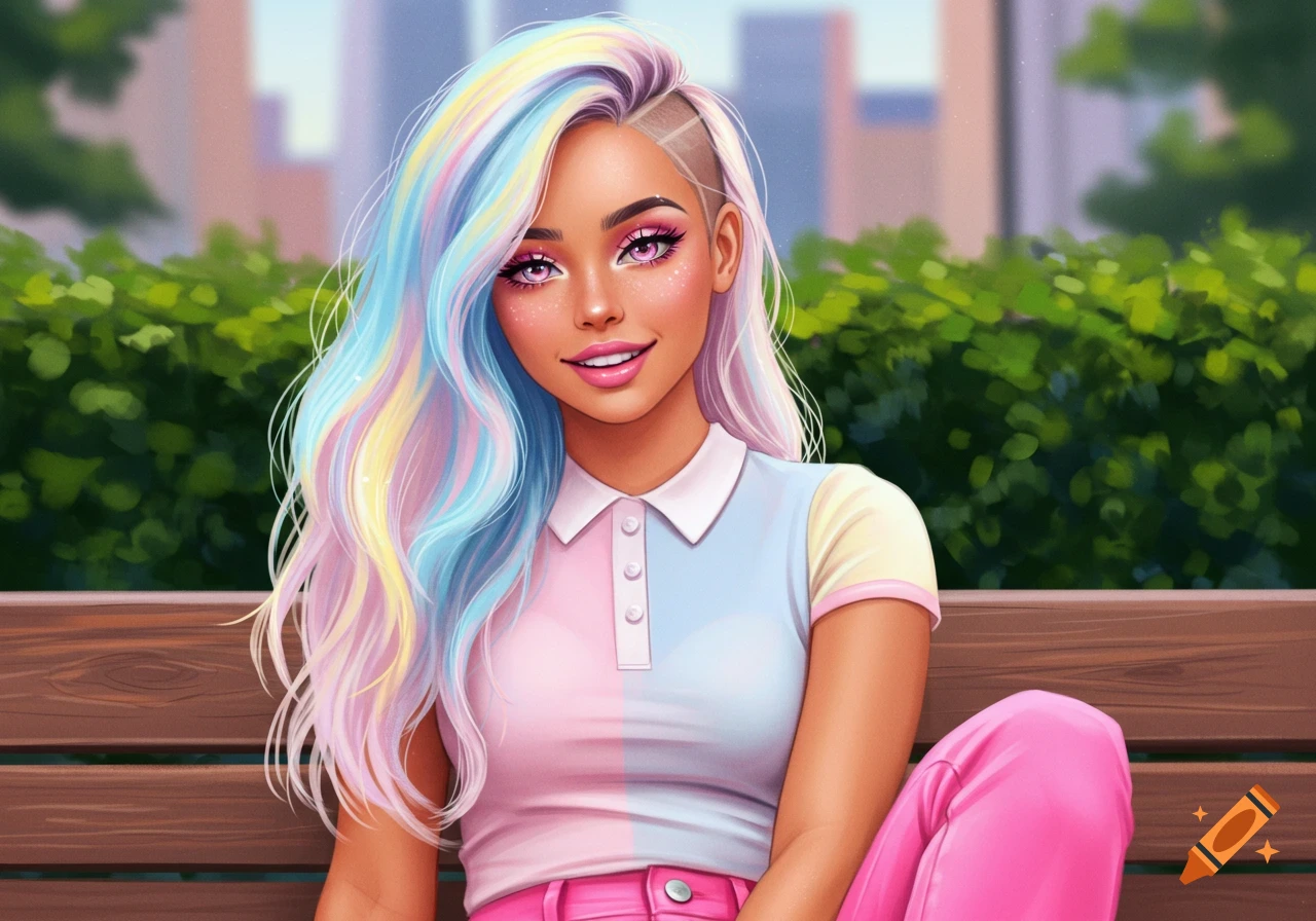 Anime woman with pastel rainbow hair, pink makeup, and a colorful polo shirt, sitting on a bench in a city park.