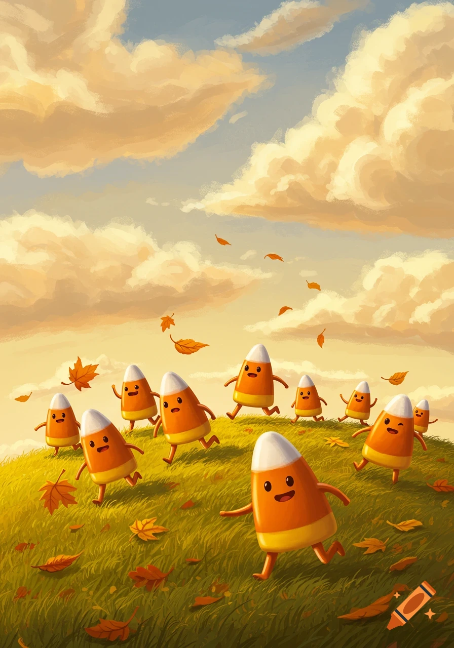 Illustrative scene of cheerful candy corn characters running on a grassy hill with autumn leaves under a warm, cloudy sky.