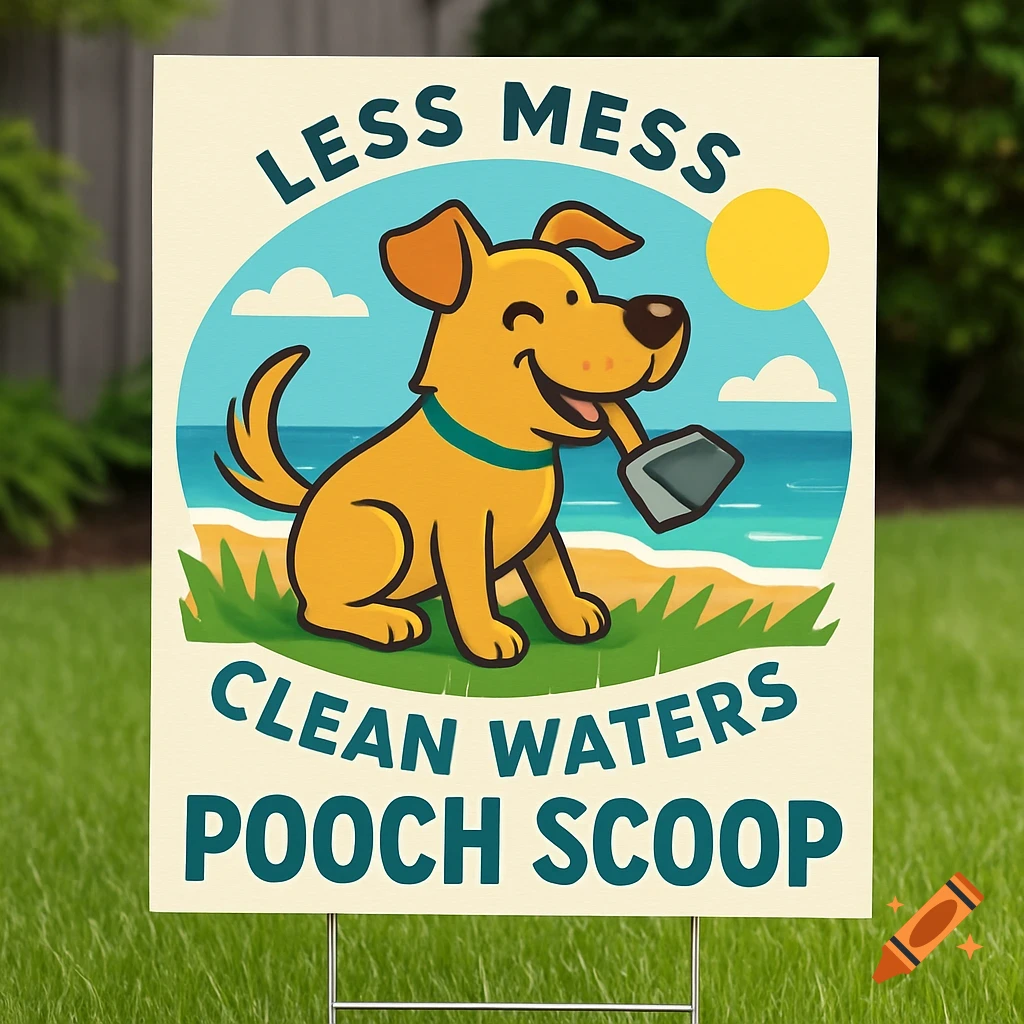 A cartoon yard sign depicts a happy yellow dog holding a poop scoop on a beach, with the text "LESS MESS CLEAN WATERS POOCH SCOOP".