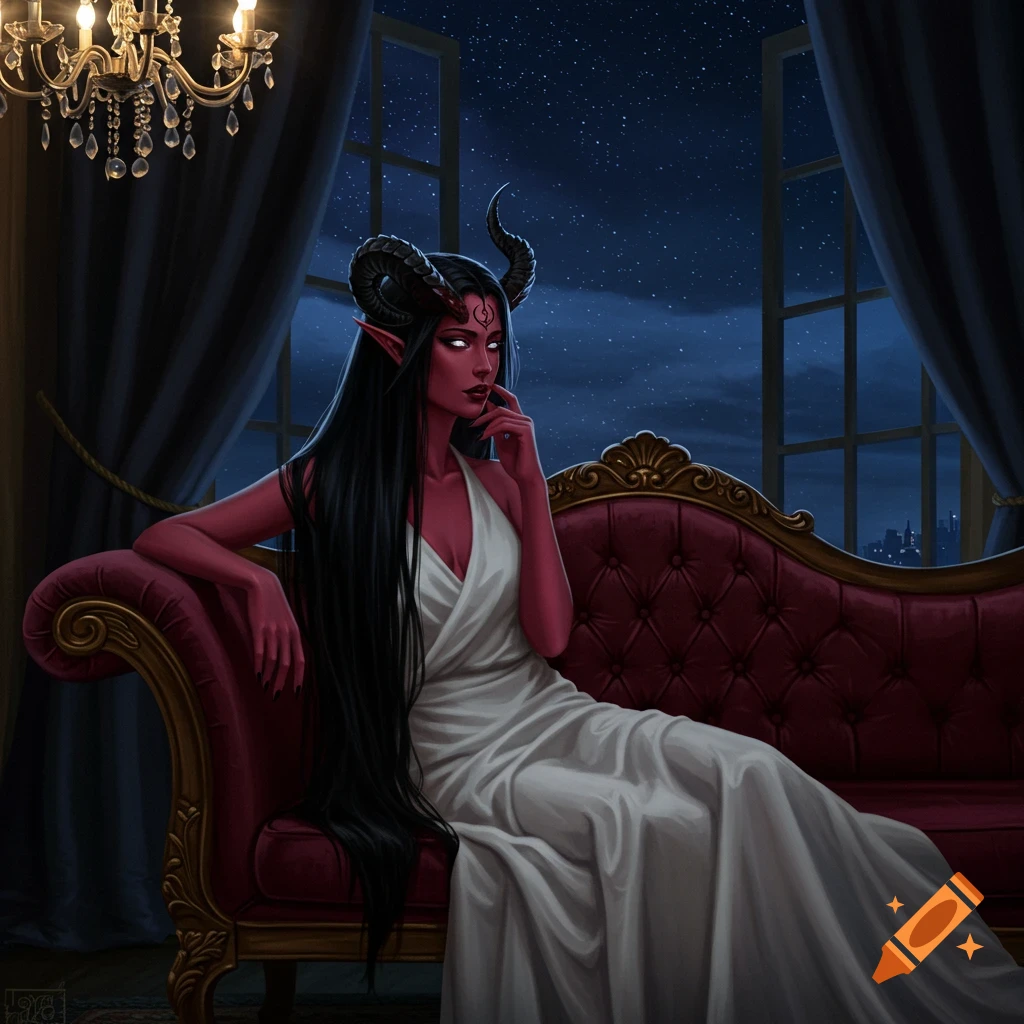 Red-skinned demon woman with horns and long black hair in a white dress sits on a red couch in a luxurious room, looking out at a starry night.