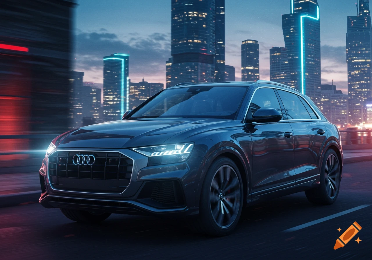 A dark gray Audi Q8 SUV drives on a road at dusk, with a blurred cityscape and illuminated skyscrapers in the background.