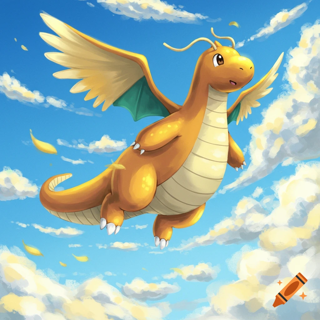 A cartoon Dragonite, an orange dragon-like Pokémon, flies joyfully in a blue sky with white clouds.
