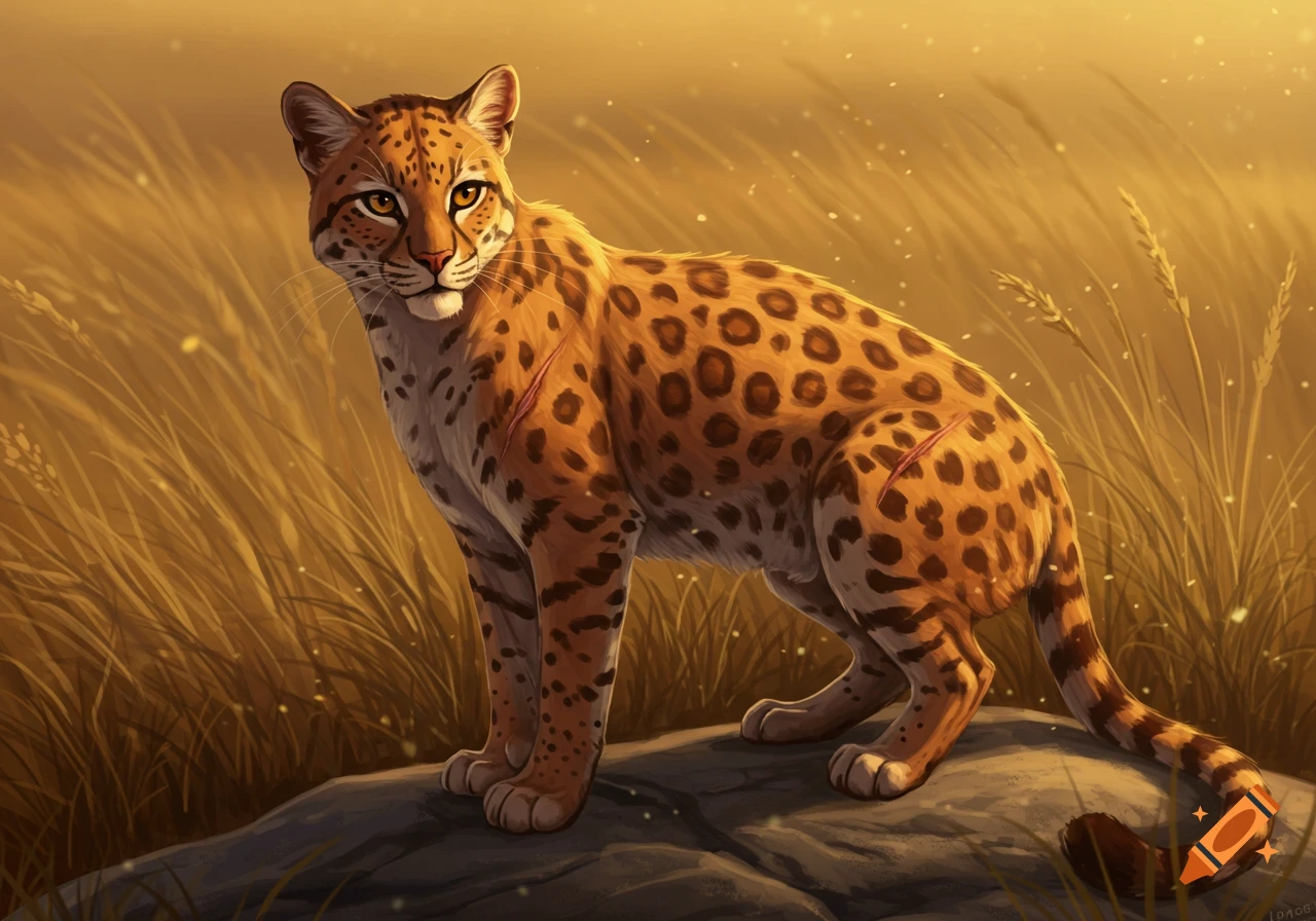 A digital art illustration of a spotted wild cat with scars on its body, standing on a rock in a golden grassy field.