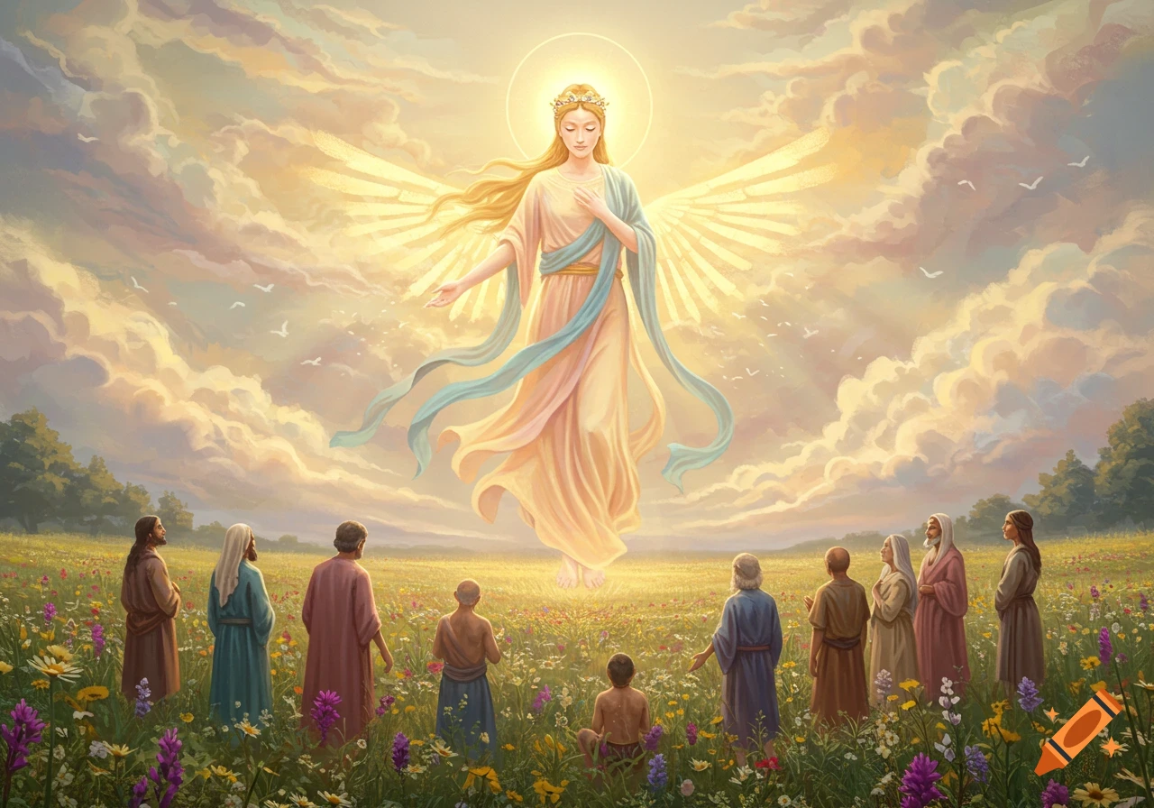 A glowing, winged angel floats above a flower field, observed by robed people under a golden, cloudy sky in an illustrated style.