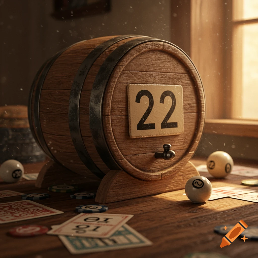 A wooden lottery barrel with '22', lottery balls, cards, and chips on a sunlit wooden table.