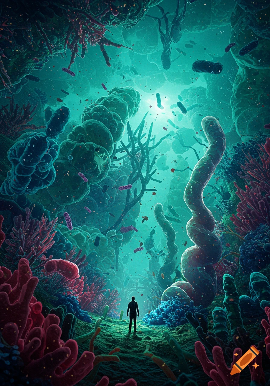 A human silhouette stands amidst a vibrant, otherworldly microscopic landscape of colorful bacteria, cells, and coral-like structures, with light shining from above.