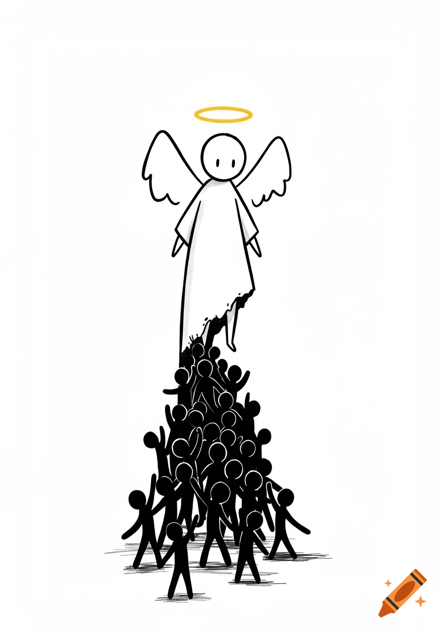 A simple black-and-white stick-figure angel with a golden halo, its white dress parting vertically from a pile of black stick figures crawling up towards it.