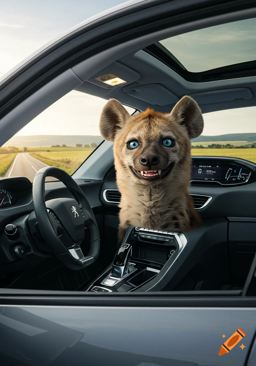 A smiling hyena with bright blue eyes sits in the driver's seat of a gray car on a country road.
