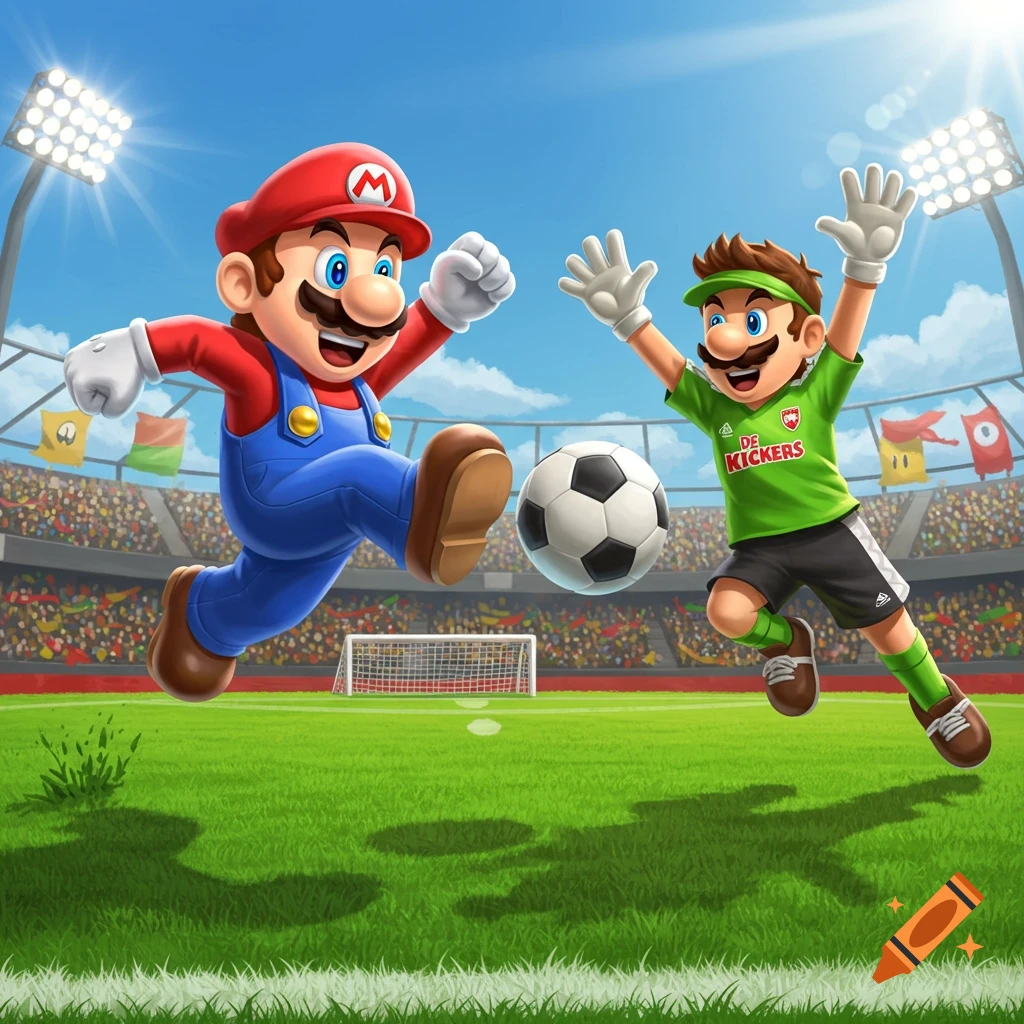 Super Mario kicks a soccer ball towards the goal while Luigi, wearing a 'DE KICKERS' jersey, attempts to block it in a bright stadium.