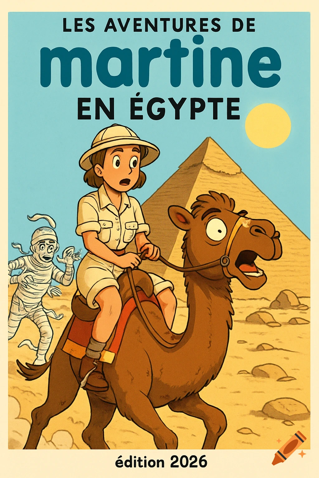 Cartoon adventure book cover: girl on camel, chased by mummy in Egyptian desert. Pyramid in background. Text: 'Les aventures de Martine en Égypte, édition 2026'.