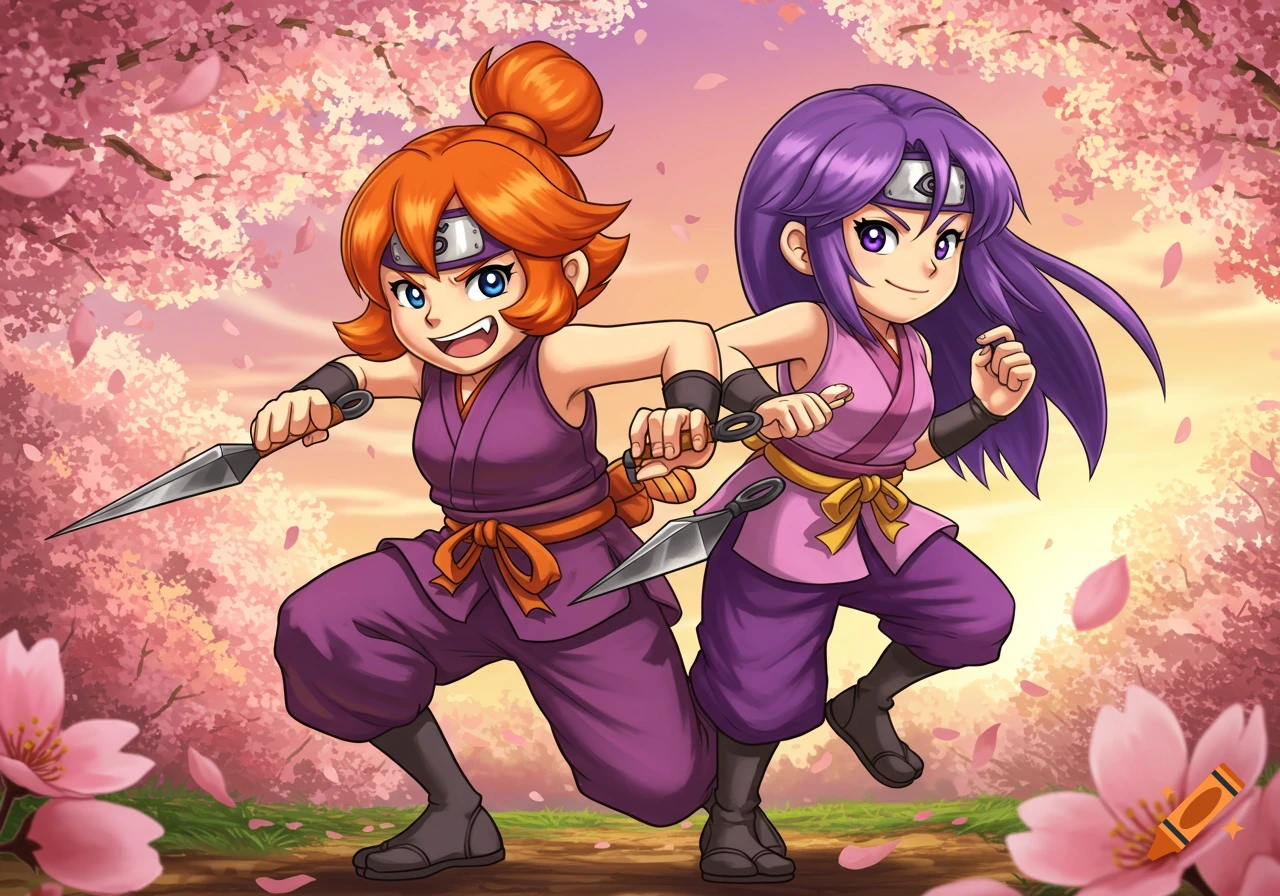 Two anime-style ninja girls, Kat with orange hair and Ana with purple, pose with knives under cherry blossoms at sunset.