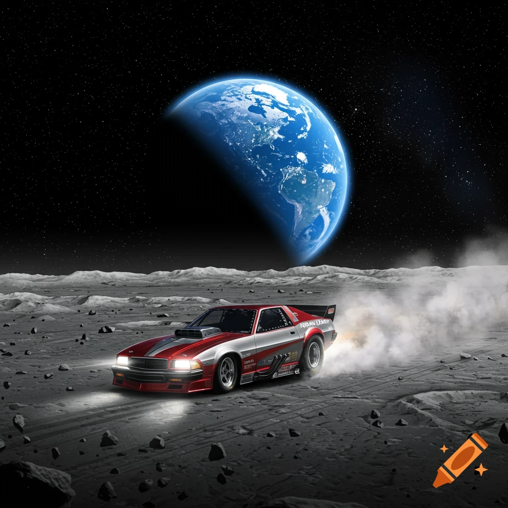 A red and silver drag car speeds across the moon's cratered surface, with a vibrant Earth in the starry background.