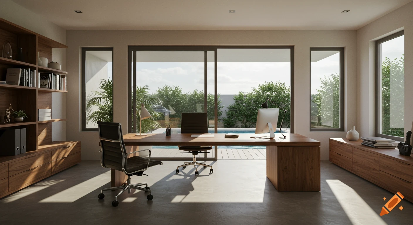 A modern home office with a large wooden desk, ergonomic chairs, and shelves, overlooking a pool and lush garden through large windows and a sliding door.