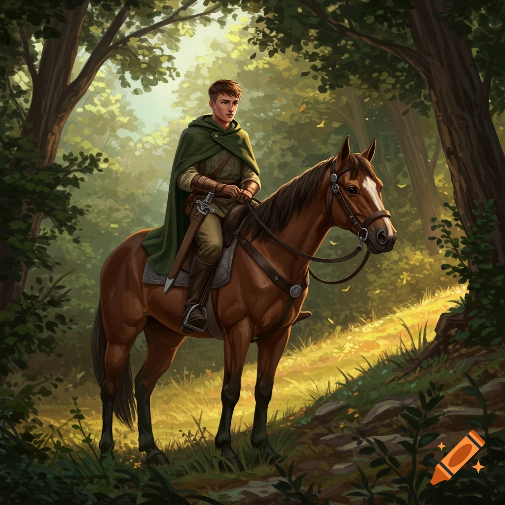 A fantasy illustration of a young man in a green cloak riding a brown horse on a sunlit forest path.