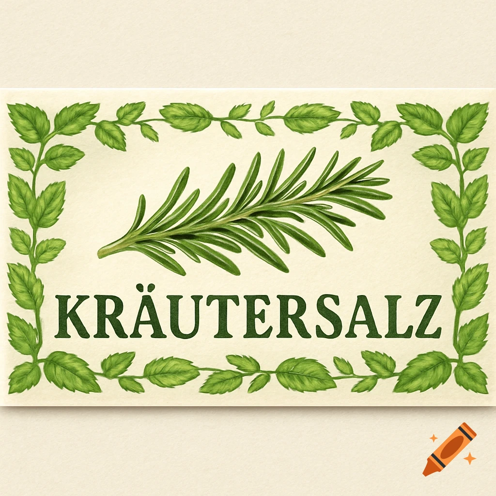 A cream-colored food label with a green leaf border, featuring a green rosemary sprig and the word 'KRÄUTERSALZ' in dark green.