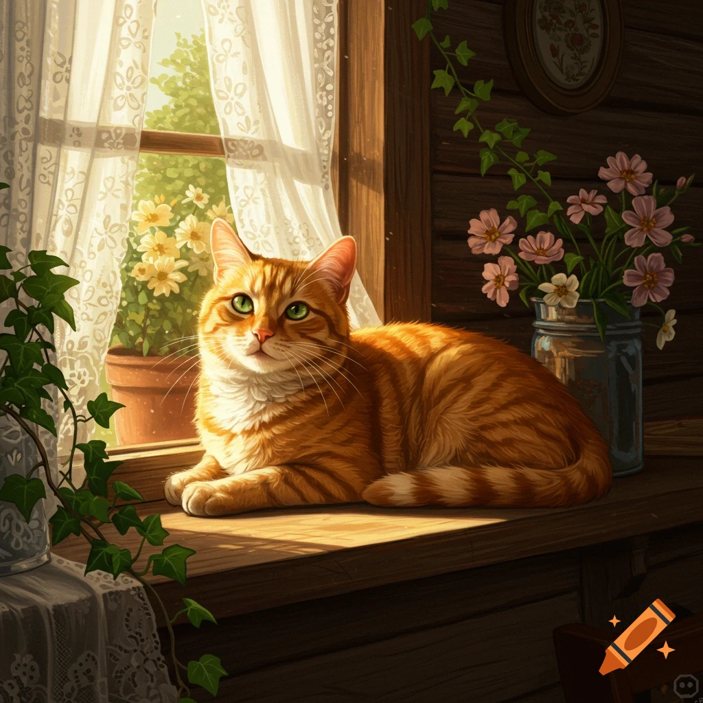 An orange tabby cat with green eyes rests on a sunny wooden windowsill next to lace curtains and a vase of flowers.