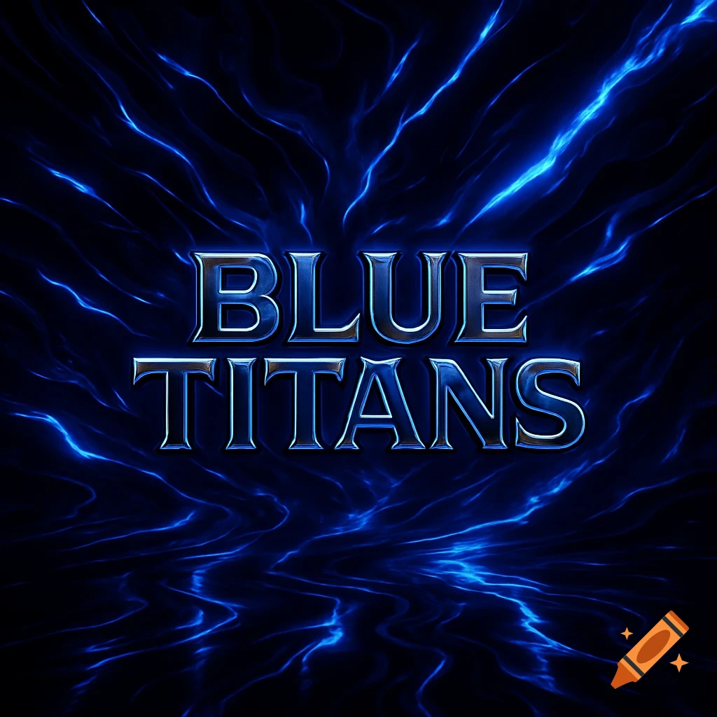 The words 'BLUE TITANS' in glowing blue metallic letters against a dark, electric blue, abstract background.