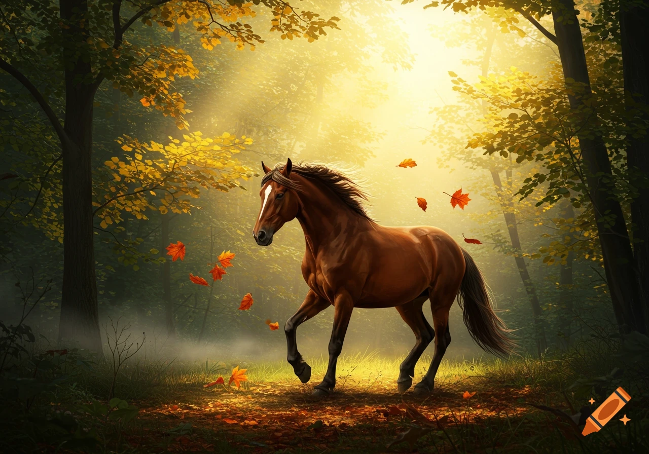 A brown horse trots through a sun-dappled, misty autumn forest with golden leaves falling around it.