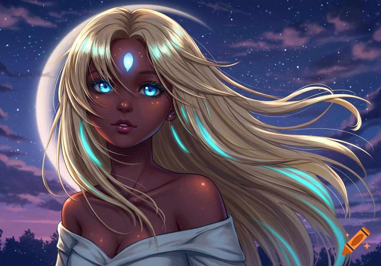 Anime portrait of a dark-skinned girl with blonde hair, blue highlights, and glowing blue eyes, against a starry night sky and crescent moon.