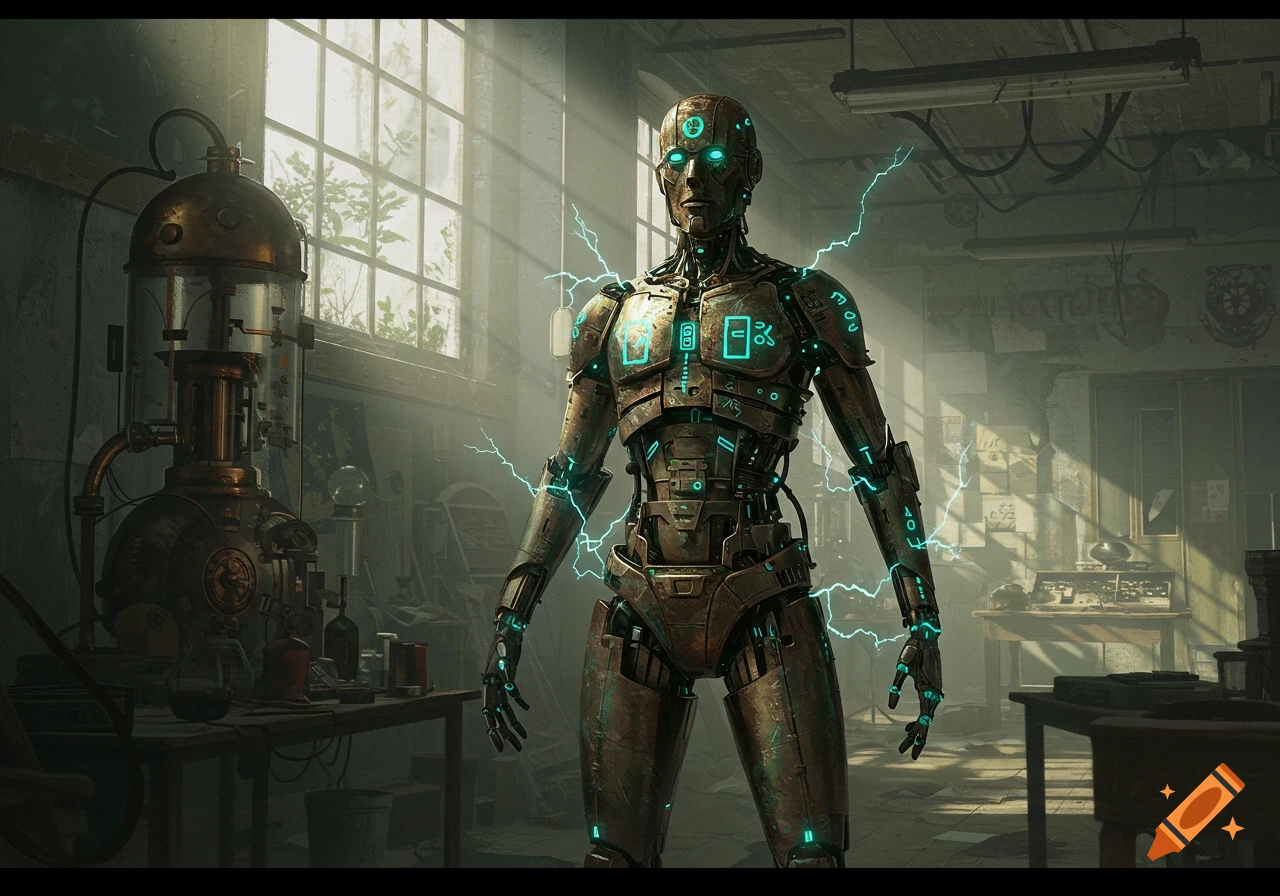 A rusty, metallic robot with glowing blue symbols and electrical arcing stands in an old, dusty laboratory filled with scientific equipment.
