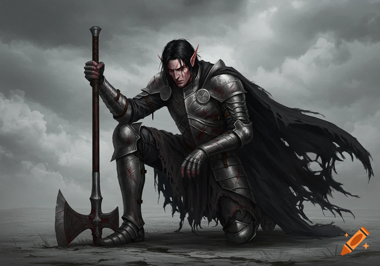 An elf knight in tattered steel armor and a torn cape kneels in a gray wasteland, holding a giant axe.