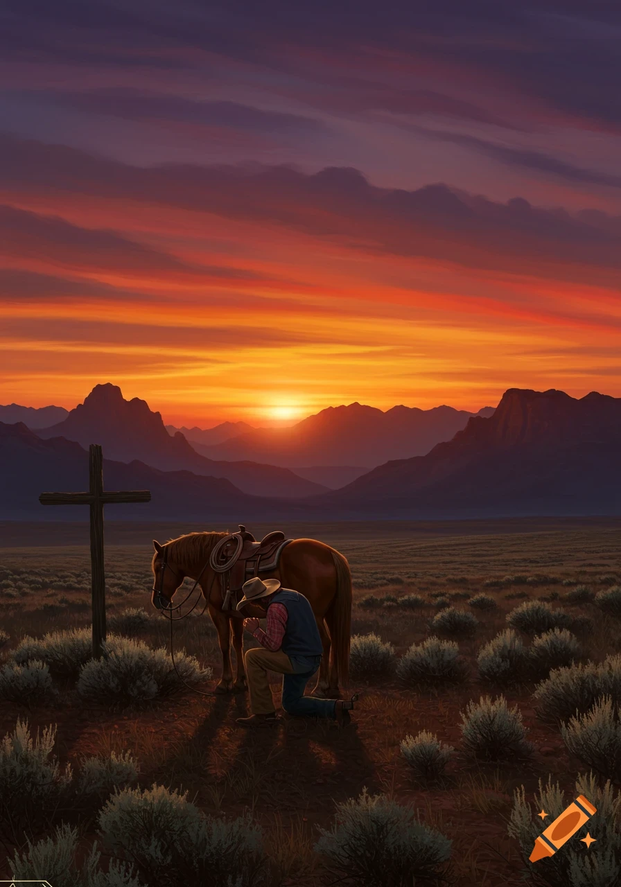 A cowboy kneels in prayer next to his horse and a wooden cross in a vast field, silhouetted against a dramatic orange and purple sunset over mountains.