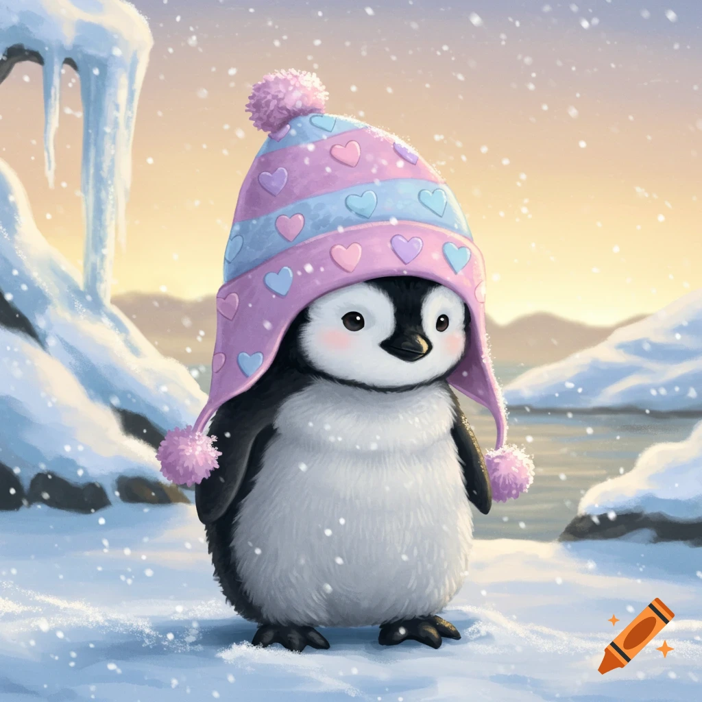 A cute baby penguin wearing a pink and blue hat with hearts stands in a snowy landscape with mountains and a frozen lake at sunset.