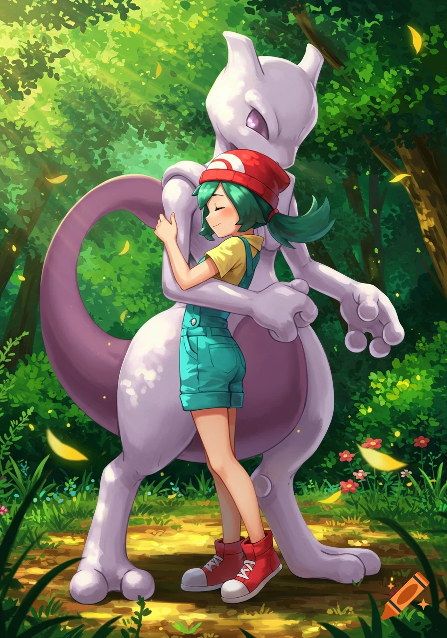 Lyra, a Pokemon trainer, hugs the legendary Pokemon Mewtwo in a sunlit forest.